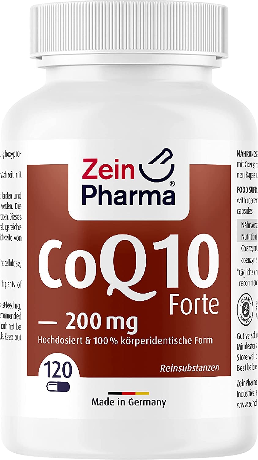 Produktbild von Zein Pharma Coenzym Q10 forte 200mg Kapseln - 120 vegane Kapseln mit Ubichinon Coenzym Q10 hochdosiert, 100% rein, Nahrungsergänzungsmittel Energie, 4 Monatsvorrat, laborgeprüft - Made in Germany