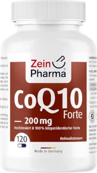 Produktbild von Zein Pharma Coenzym Q10 forte 200mg Kapseln - 120 vegane Kapseln mit Ubichinon Coenzym Q10 hochdosiert, 100% rein, Nahrungsergänzungsmittel Energie, 4 Monatsvorrat, laborgeprüft - Made in Germany