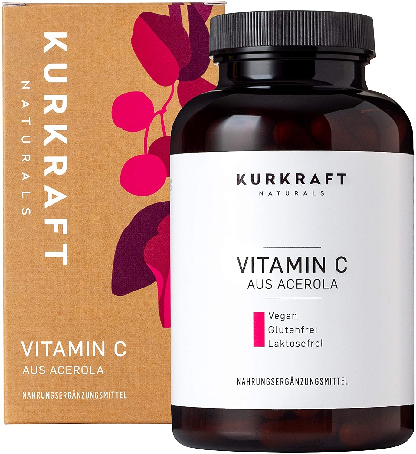 Produktbild von KURKRAFT Acerola 180 vegane Kapseln für 6 Monate natürliches Vitamin C hochdosiert und laborgeprüft 700mg Acerola je Kapsel ohne unerwünschte Zusätze deutsche Produktion