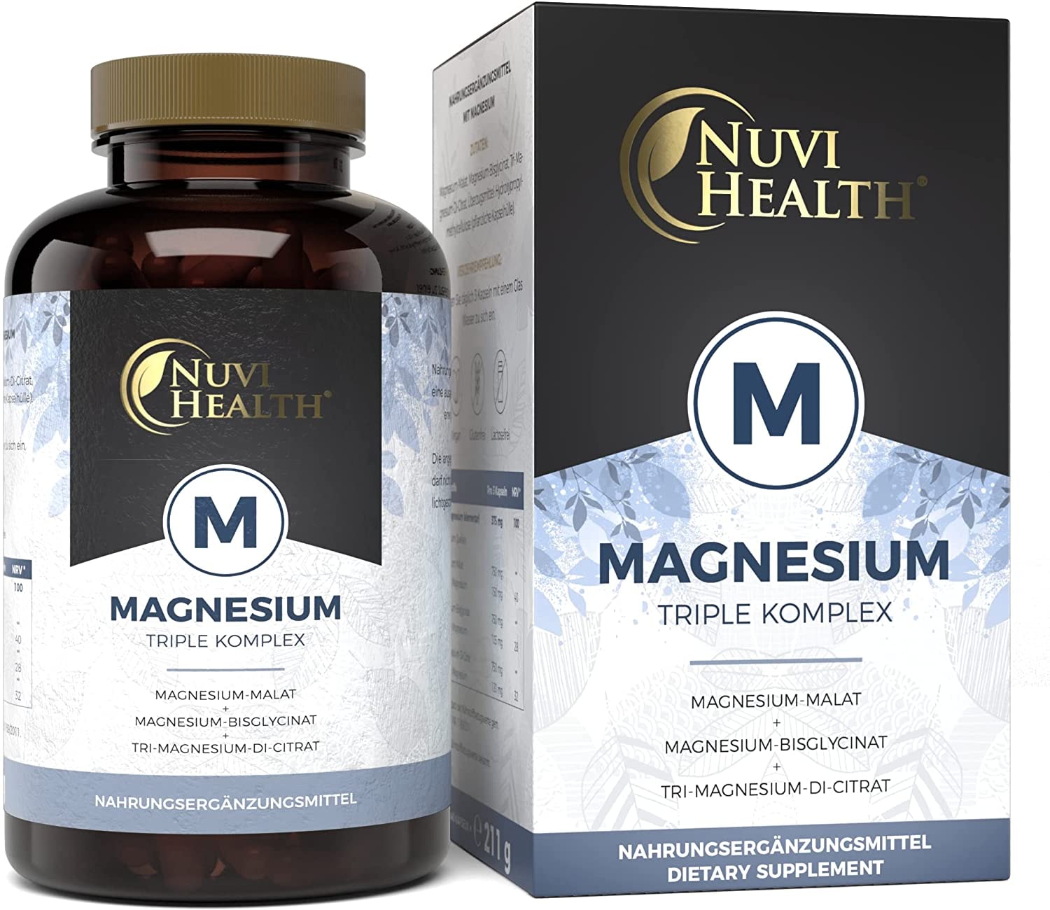 Produktbild von Nuvi Health Magnesium Komplex 240 Kapseln 375 mg elementares Magnesium je Tagesdosis - Magnesiumbisglycinat, Magnesiumcitrat, Magnesiummalat - Vegan - Hochdosiert - Laborgeprüft