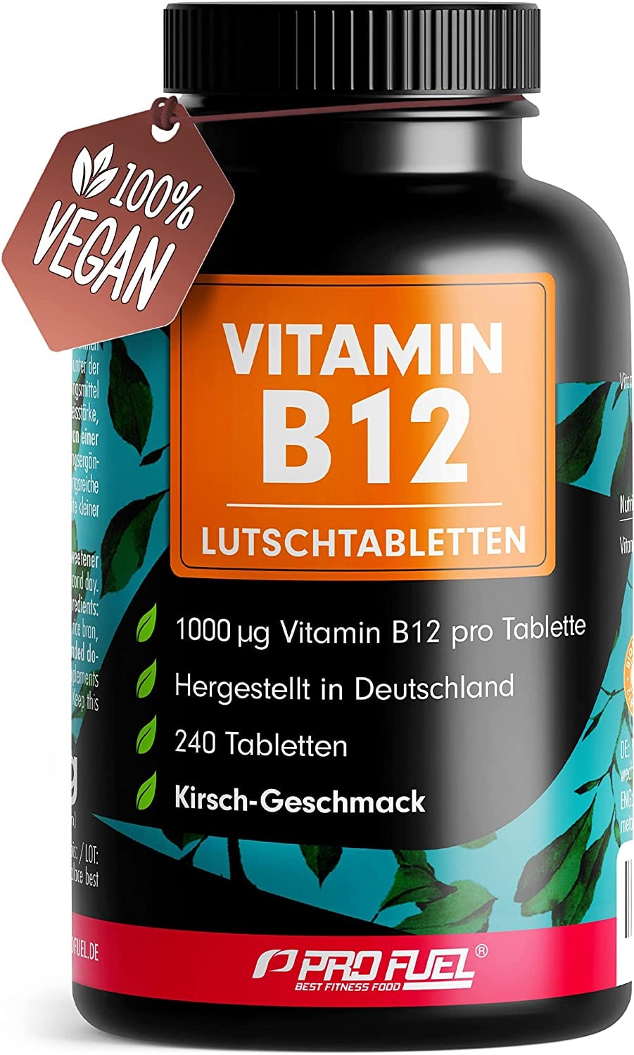 Produktbild von ProFuel Vitamin B12 Lutschtabletten 240x KIRSCHE - 1000µg (mcg) aktives Methylcobalamin B12 - leckerer Geschmack - vegan & hochdosiert - vegane Tabletten zum Lutschen - Ohne Zuckerzusatz - mit Xylit gesüßt
