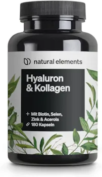 natural elements - Hyaluronsäure Kollagen Komplex - 180 Kapseln - Angereichert mit Biotin, Selen, Zink, Vitamin C aus Acerola & Bambusextrakt - Laborgeprüft