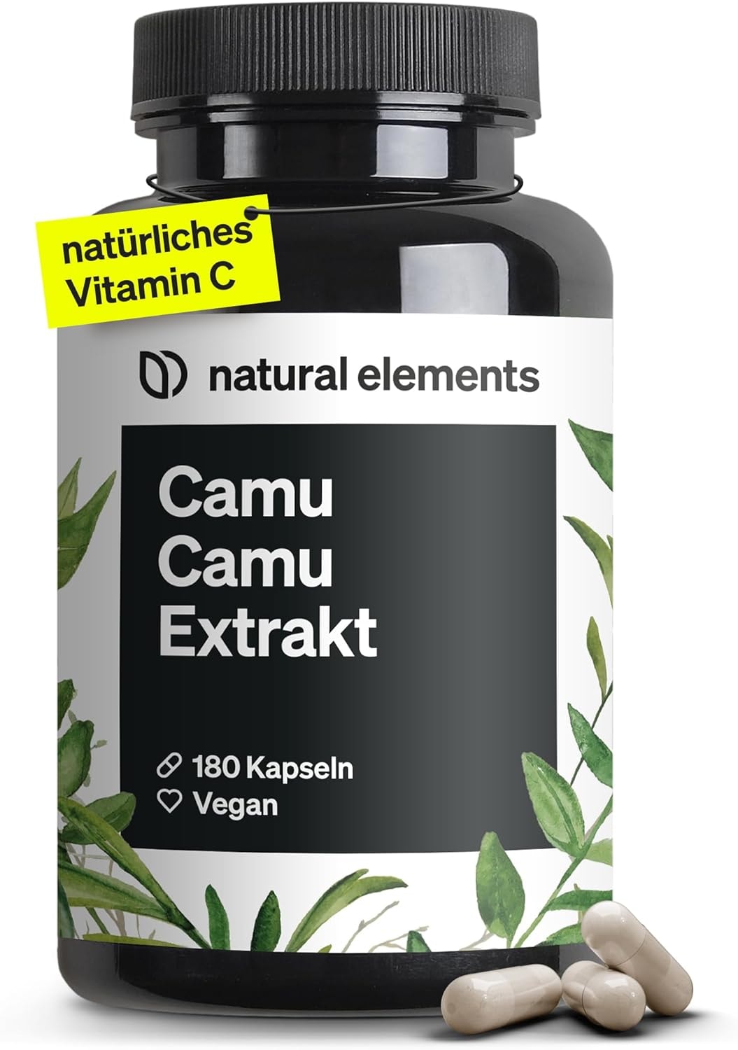 Produktbild von natural elements Camu-Camu Kapseln Natürliches Vitamin C 180 vegane Kapseln für 6 Monate Laborgeprüft ohne unerwünschte Zusätze