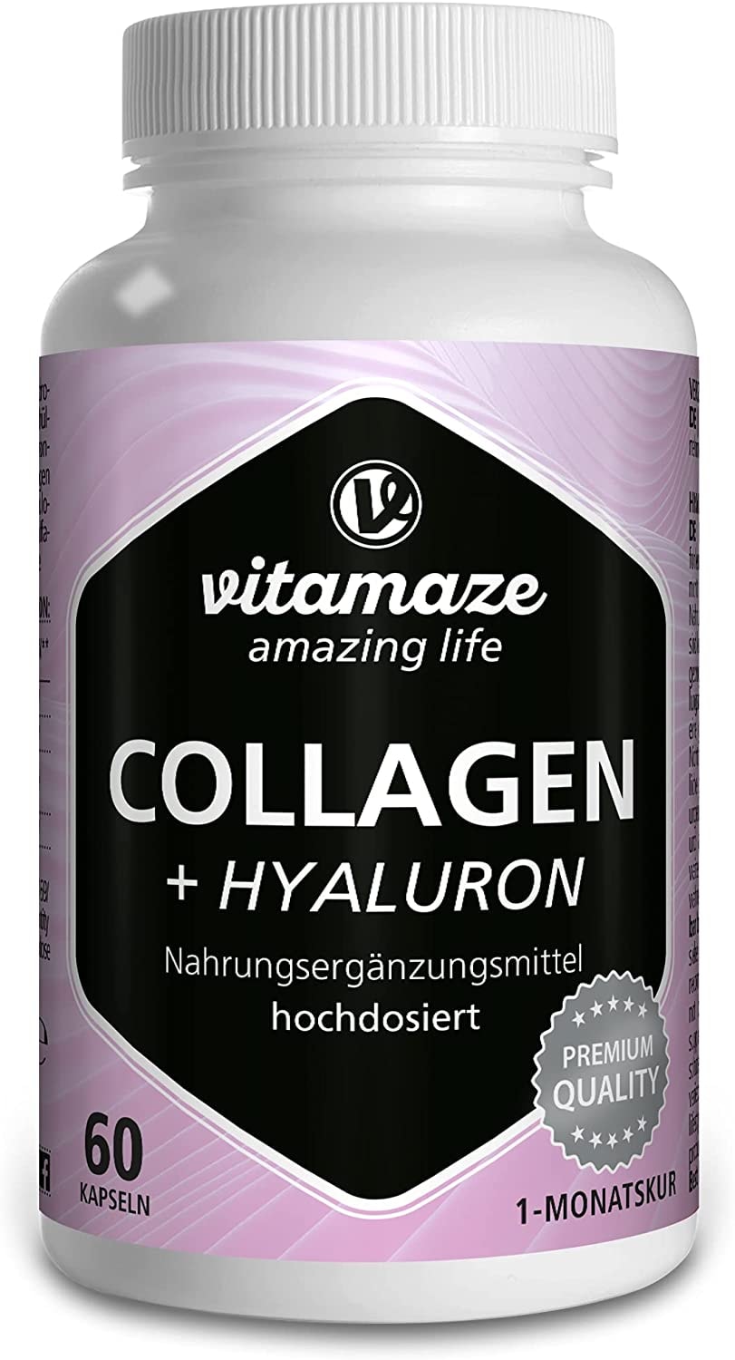 Produktbild von Bewertung Vitamaze amazing life Collagen Kapseln hochdosiert Hyaluron-Säure Chondroitin Lysin, 600 mg reines Kollagen Hydrolysat pro Tag 60 Kapseln für 1 Monat Bioaktive Nahrungsergänzung ohne Zusätze Made in Germany