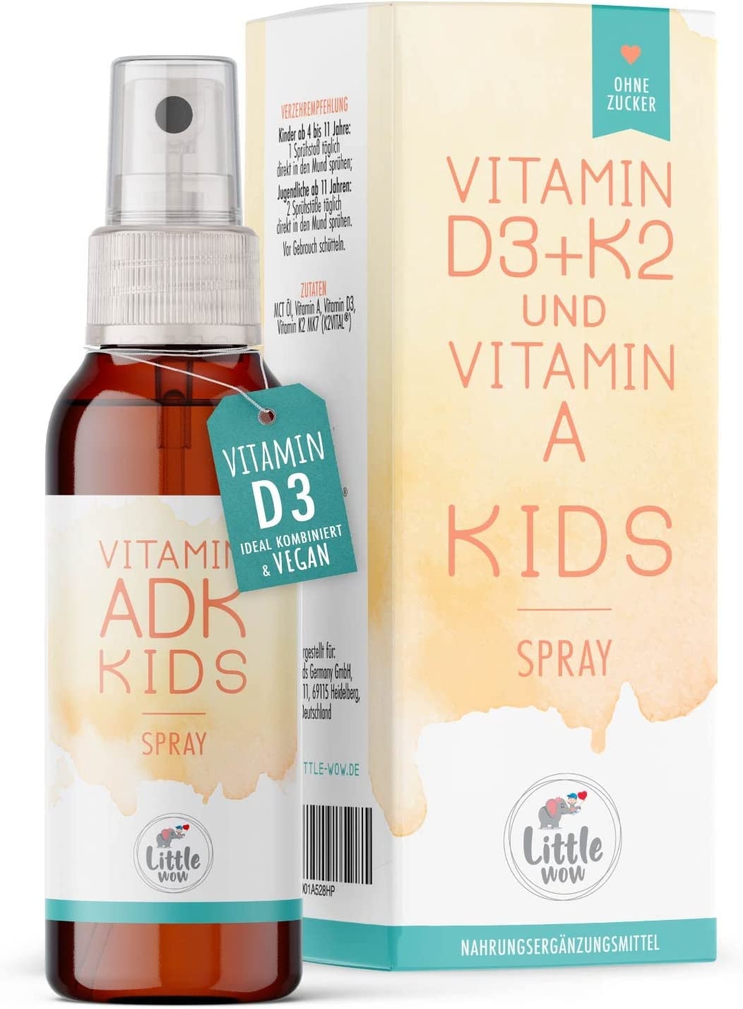 Produktbild von Little Wow Vitamin D3 K2 Spray + Vitamin A für Kinder Vegan Immunsystem Vitamine für Kinder 180 Sprühstöße für bis zu 6 Monate 500 IE Vitamin D3 & 11,25 µg Vitamin K2 pro Sprühstoß
