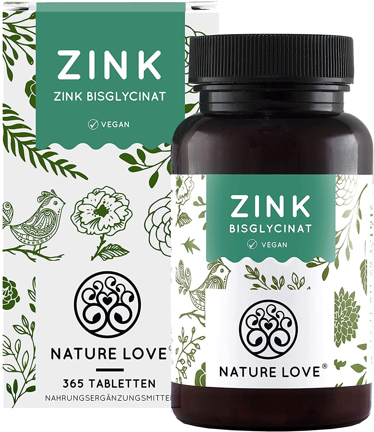 Produktbild von NATURE LOVE Zink-Bisglycinat (Zink Chelat) von Albion® 365 Tabletten (1 Jahr) Hochdosiert (25mg) Hoch bioverfügbar, vegan, laborgeprüft, in Deutschland produziert