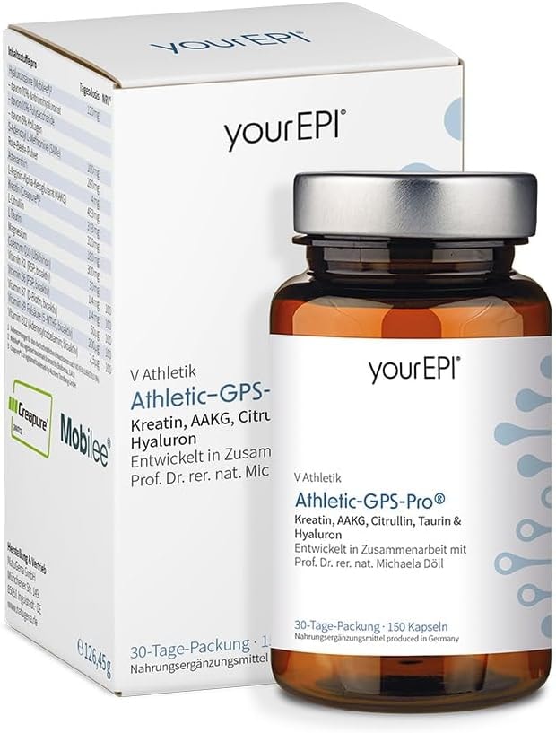 Produktbild von Bewertung NatuGena Athletic GPS Pro Sport Workout Kreatin Citrullin Taurin Hyaluron B-Vitamine B6 B2 B1  Magnesium 150 Kapseln 30 Tage Packung