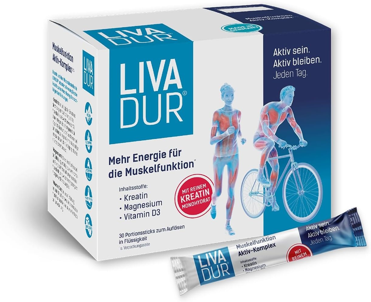 Produktbild von Bewertung LIVADUR Kreatin aktiv gegen Muskelabbau begleitend zu Training und Bewegung reines Kreatin aus deutscher Produktion Magnesium und Vitamin D3 Made in Germany