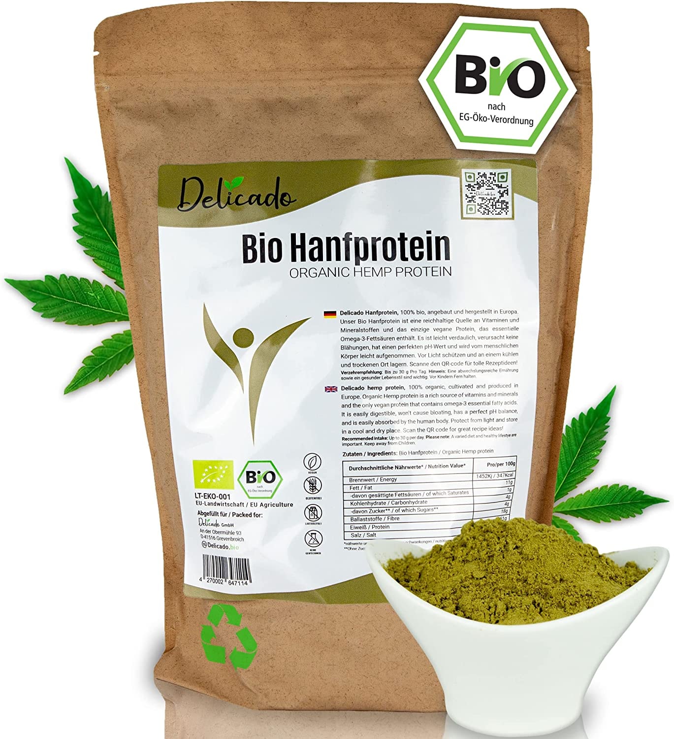 Produktbild von Bewertung Pinati Bio Hanfprotein Pulver 1KG EU Anbau 52% Eiweiß veganes Proteinpulver Glutenfrei, Rohkostqualität Premium Eiweißpulver aus Hanfsamen für Eiweißshake, Müsli, Porridge - DE-ÖKO-006