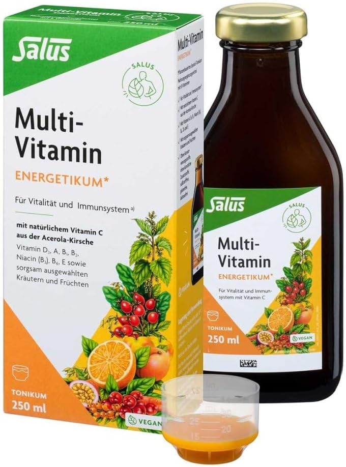 Produktbild von Bewertung Salus Multivitamin Energetikum Tonikum zum Erhalt der natürlichen Vitalität mit 8 wichtigen Vitaminen und 14 wertvollen Pflanzenstoffen – vegan – 250 ml