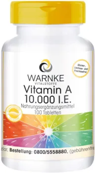 WARNKE VITALSTOFFE Vitamin A 10.000 I.E 3000µg Retinol (Retinylacetat) pro Tablette hochdosiert & vegan 100 Tabletten
