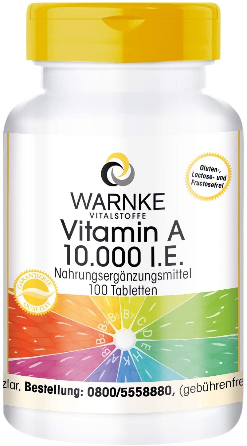 Produktbild von WARNKE VITALSTOFFE Vitamin A 10.000 I.E 3000µg Retinol (Retinylacetat) pro Tablette hochdosiert & vegan 100 Tabletten