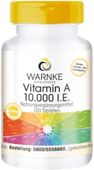 Produktbild von WARNKE VITALSTOFFE Vitamin A 10.000 I.E 3000µg Retinol (Retinylacetat) pro Tablette hochdosiert & vegan 100 Tabletten