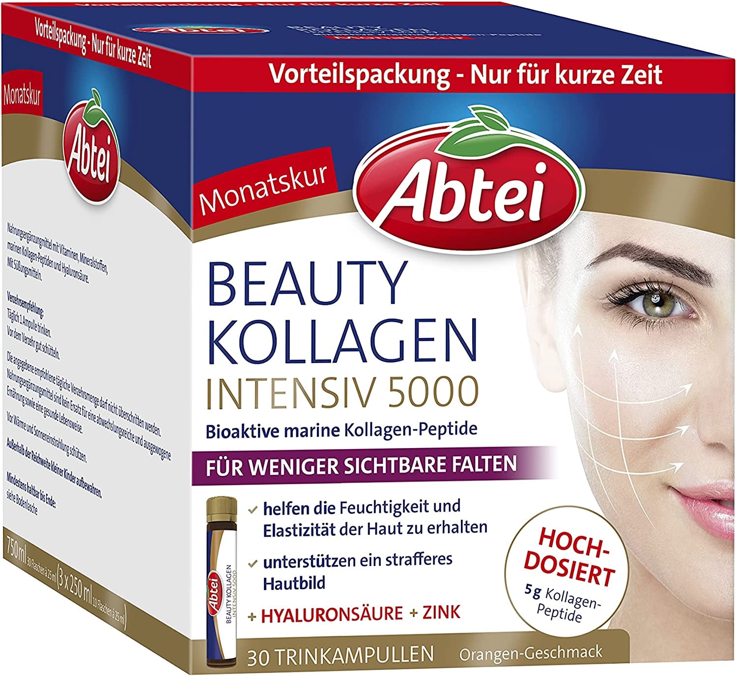 Produktbild von Abtei Beauty Kollagen Intensiv 5000 Schönheit zum Trinken hochdosiert mit 5 g Kollagen-Peptiden, Hyaluronsäure, Zink, Vitamin C – Monatskur mit 30 Trinkampullen