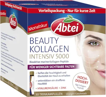 Produktbild von Abtei Beauty Kollagen Intensiv 5000 Schönheit zum Trinken hochdosiert mit 5 g Kollagen-Peptiden, Hyaluronsäure, Zink, Vitamin C – Monatskur mit 30 Trinkampullen