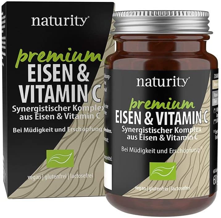 Produktbild von naturity PREMIUM EISEN & VITAMIN C, hochwertiges Eisenbisglycinat plus Vitamin C, hohe Bioverfügbarkeit, für Energiestoffwechsel und Immunsystem (60 Tabletten)
