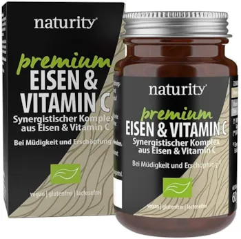 Produktbild von naturity PREMIUM EISEN & VITAMIN C, hochwertiges Eisenbisglycinat plus Vitamin C, hohe Bioverfügbarkeit, für Energiestoffwechsel und Immunsystem (60 Tabletten)