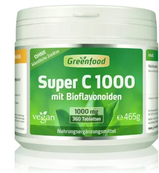 Produktbild von Greenfood Super C, 1000 mg Vitamin C, hochdosiert, 360 Tabletten, vegan - mit Acerola, Hagebutte und Bioflavonoiden.