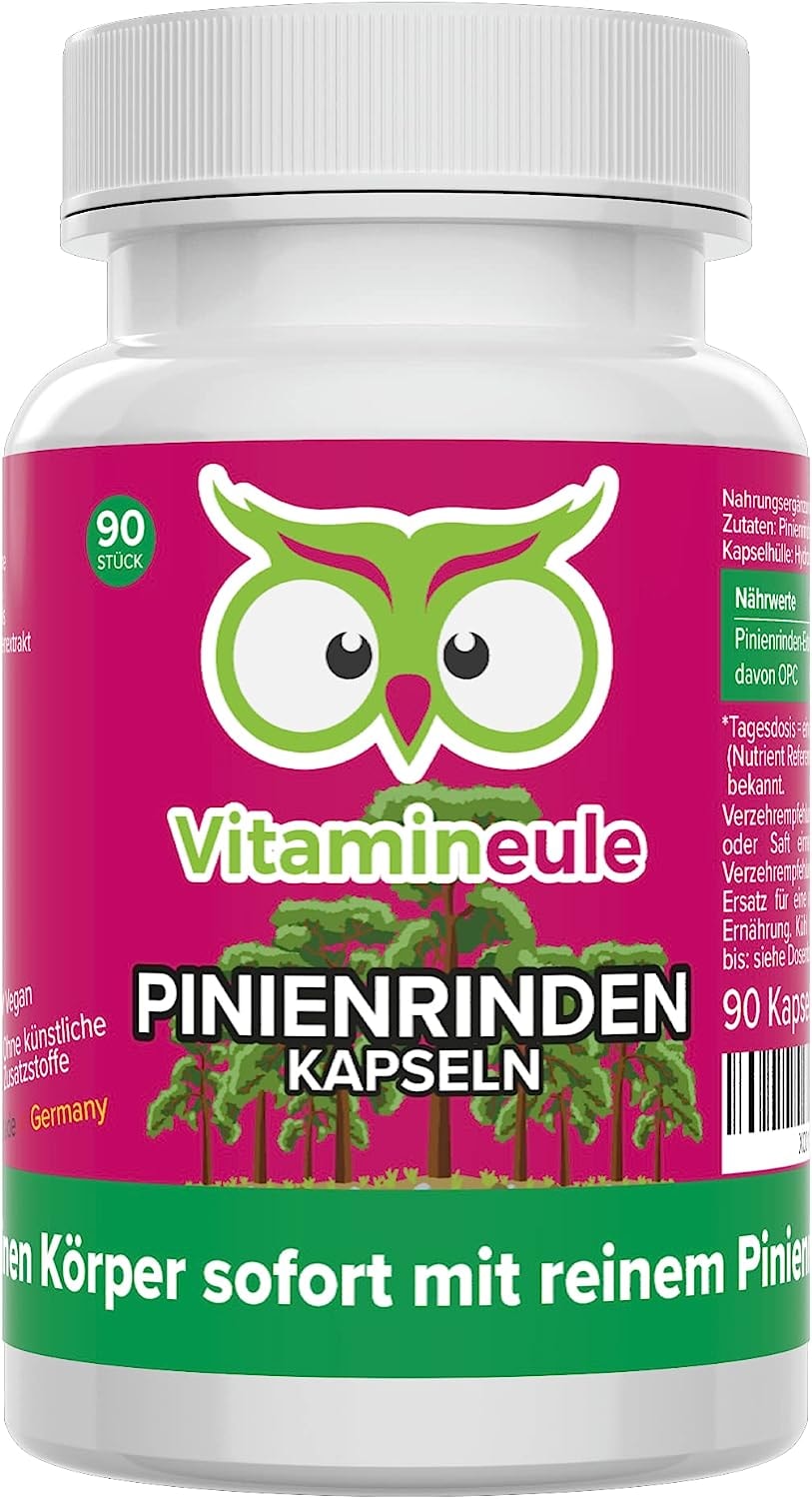 Produktbild von Bewertung Vitamineule Pinienrindenextrakt Kapseln hochdosiert 500 mg reines OPC 527 mg Extrakt Qualität aus Deutschland ohne Zusätze vegan laborgeprüft starkes Antioxidans