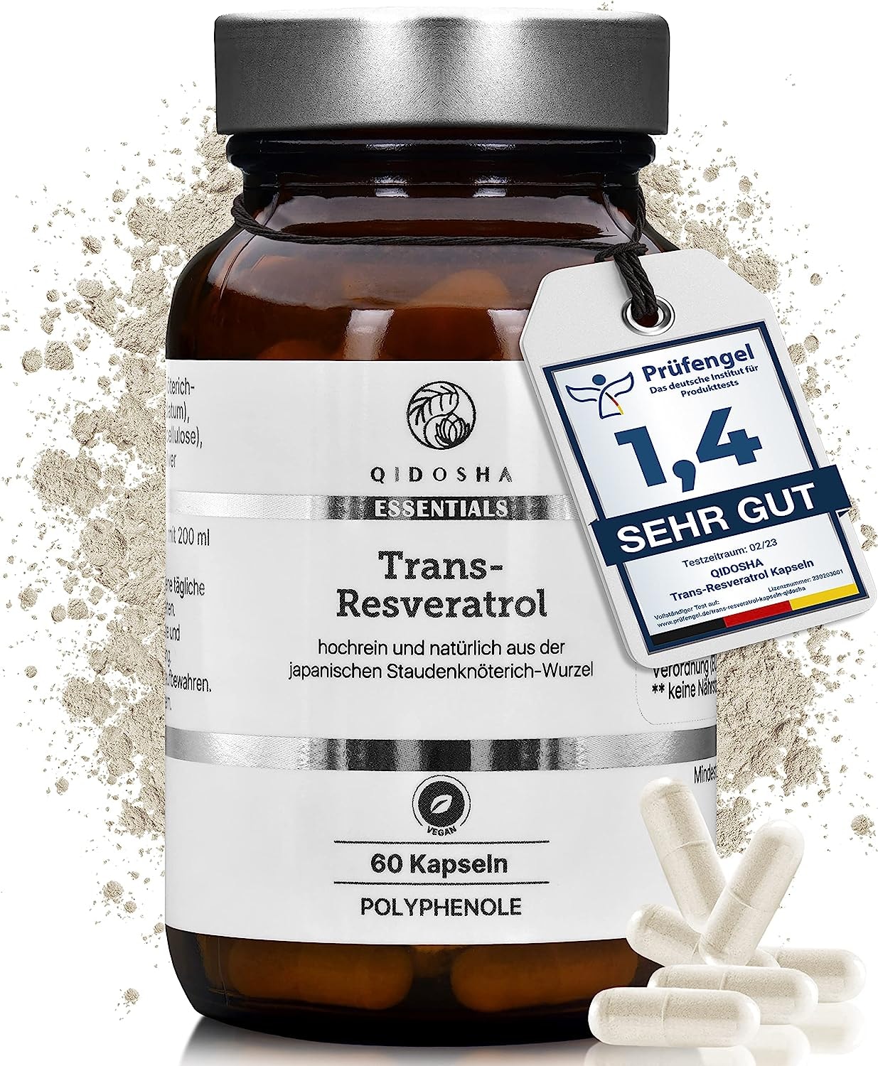 Produktbild von Bewertung QIDOSHA Resveratrol hochdosiert mit Piperin für erhöhte Bioverfügbarkeit 60 Stk 500 mg Trans Resveratrol je Kapsel vom Dt. Institut für Produkttests mit SEHR GUT bewertet, aus deutscher Fertigung
