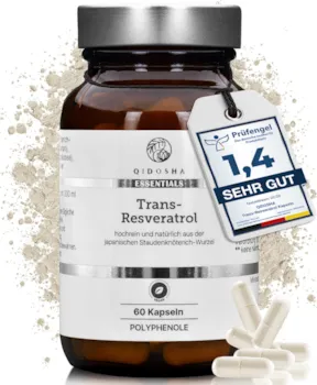 Produktbild von Bewertung QIDOSHA Resveratrol hochdosiert mit Piperin für erhöhte Bioverfügbarkeit 60 Stk 500 mg Trans Resveratrol je Kapsel vom Dt. Institut für Produkttests mit SEHR GUT bewertet, aus deutscher Fertigung