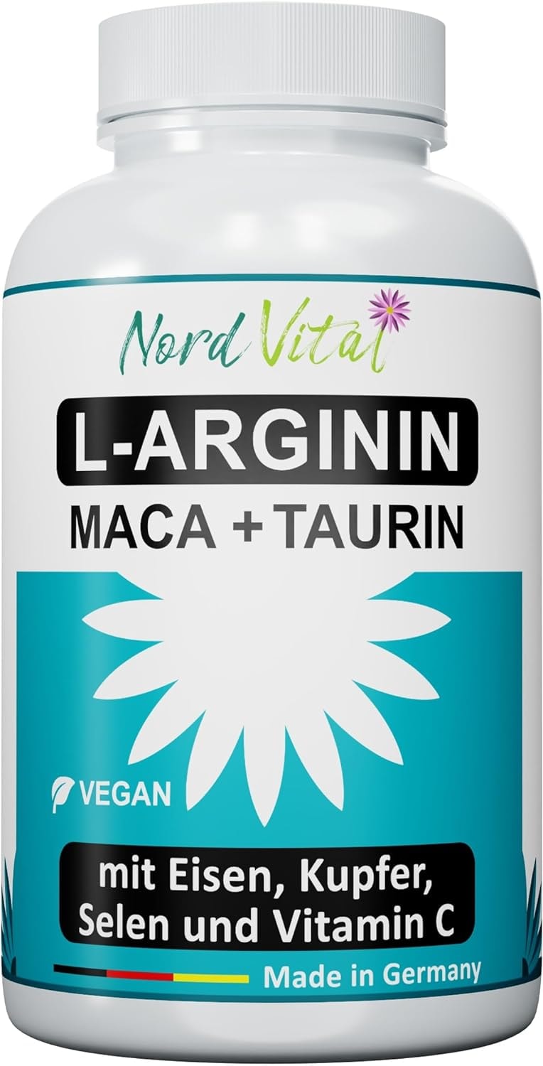 Produktbild von Bewertung Nord Vital L-Arginin Taurin und Maca Extra hochdosiert mit Eisen Kupfer Selen und Vitamin C Maca-Extrakt 20 fach konzentriert 180 Kapseln In Deutschland hergestellt Vegan