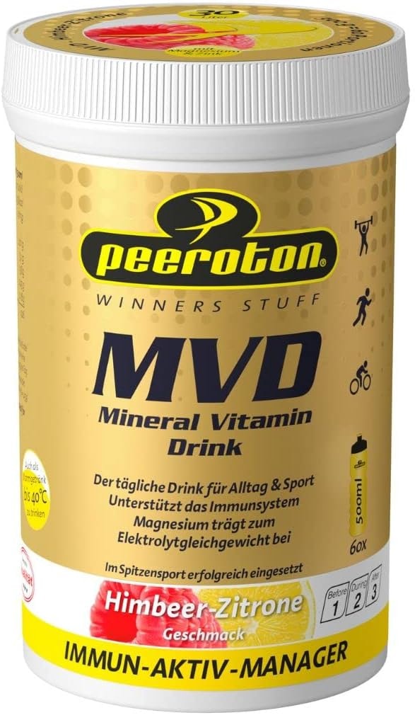 Produktbild von Bewertung Peeroton MVD Mineral Vitamin Drink Himbeer-Zitrone Elektrolyt Pulver mit den 5 wesentlichen Elektrolyten plus Zink Magnesium und Vitamin C regelmäßig einnehmen und das Immunsystem stärken 300g