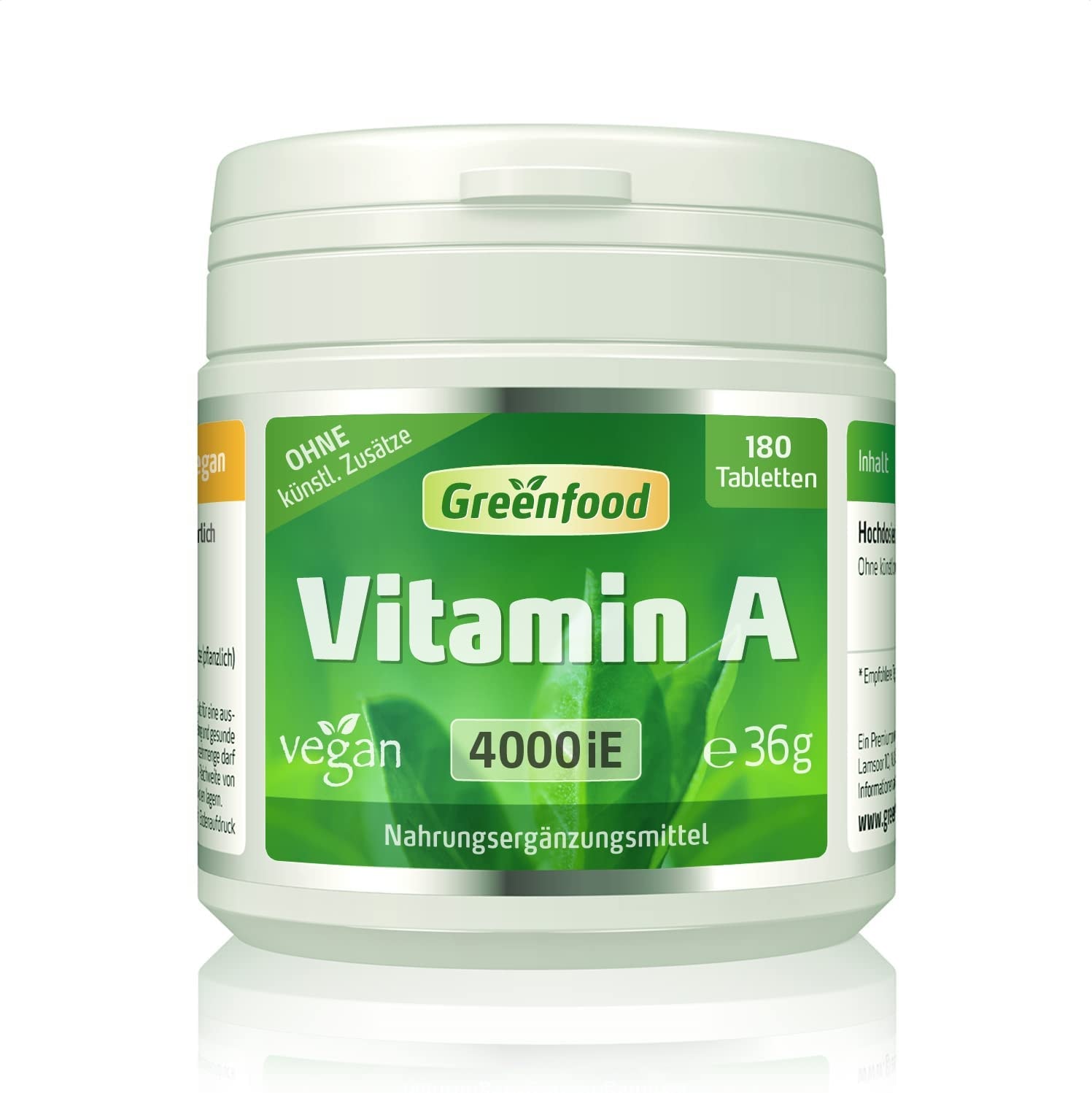 Produktbild von Greenfood Vitamin A, 4000 iE, hochdosiert, 180 Tabletten, vegan - wichtig für die Sehkraft. OHNE künstliche Zusätze. Ohne Gentechnik.