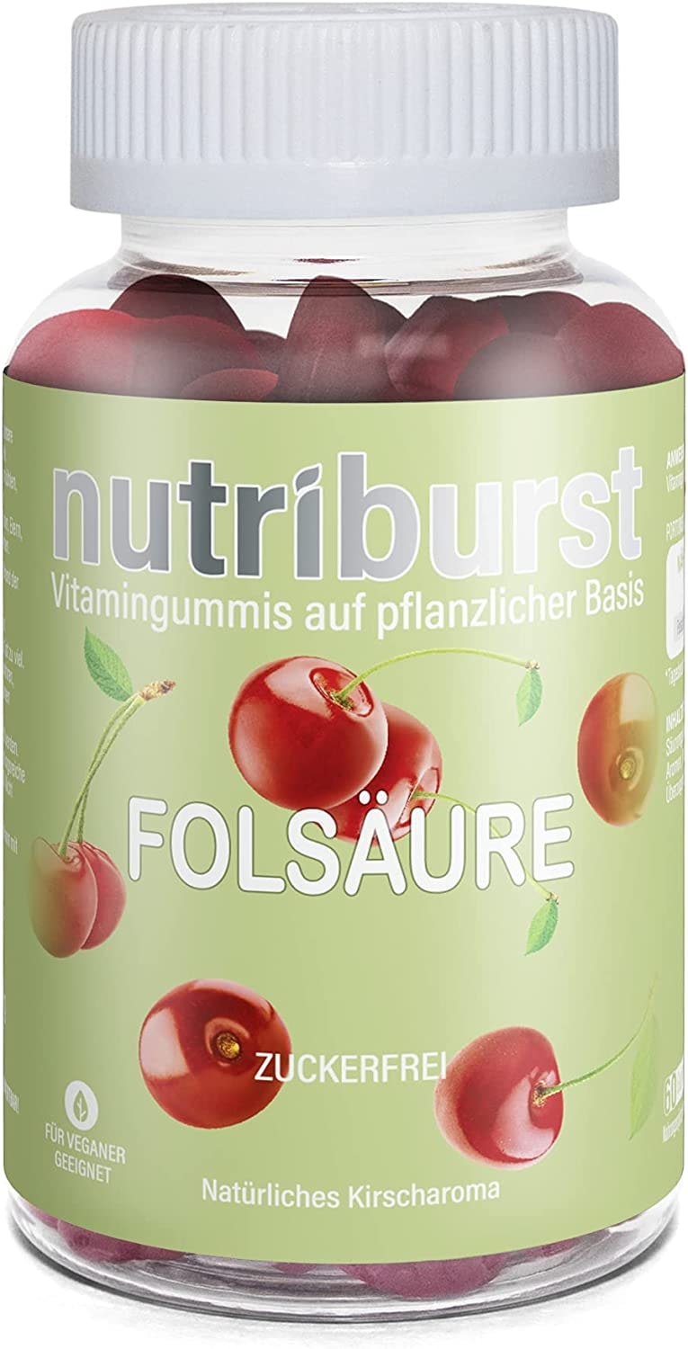 Nutriburst | 400 µg Folsäure / Folic Acid (B9) unterstützt die Blutbildung & Kinderwunsch | Pflanzlich, Zuckerfreie Vitaminpräparat | natürlich gesund VEGAN | pflanzlich 60 Gummis 1 Montasvorrat