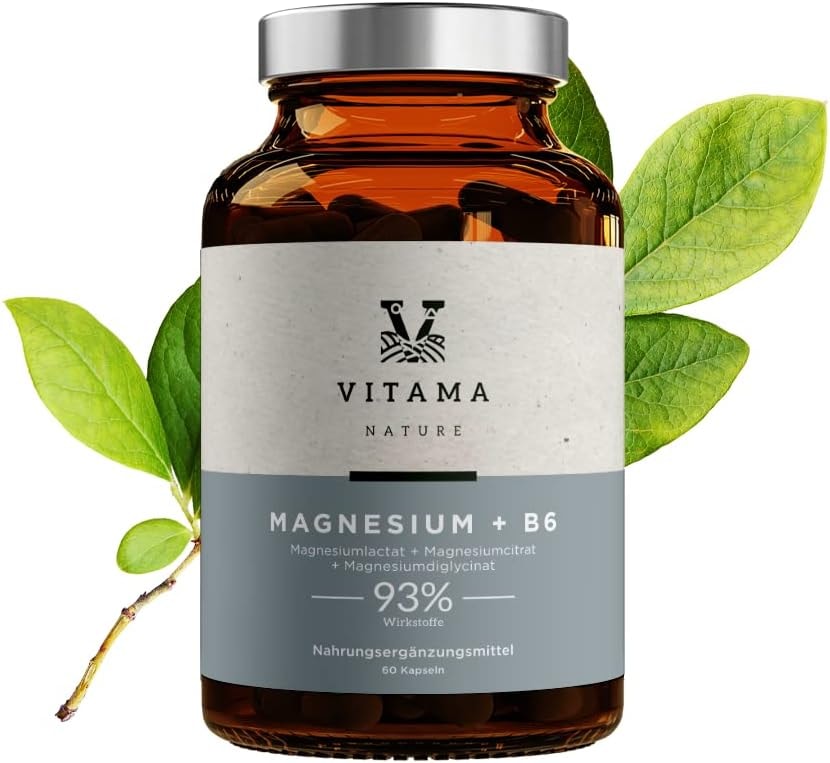 Produktbild von Bewertung VITAMA NATURE Magnesium Vitamin B6 Supplements Nahrungsergänzungsmittel Vegan Magnesium Kapseln 93,17% Wirkstoff 60 kapseln 2 Monate Supplementation