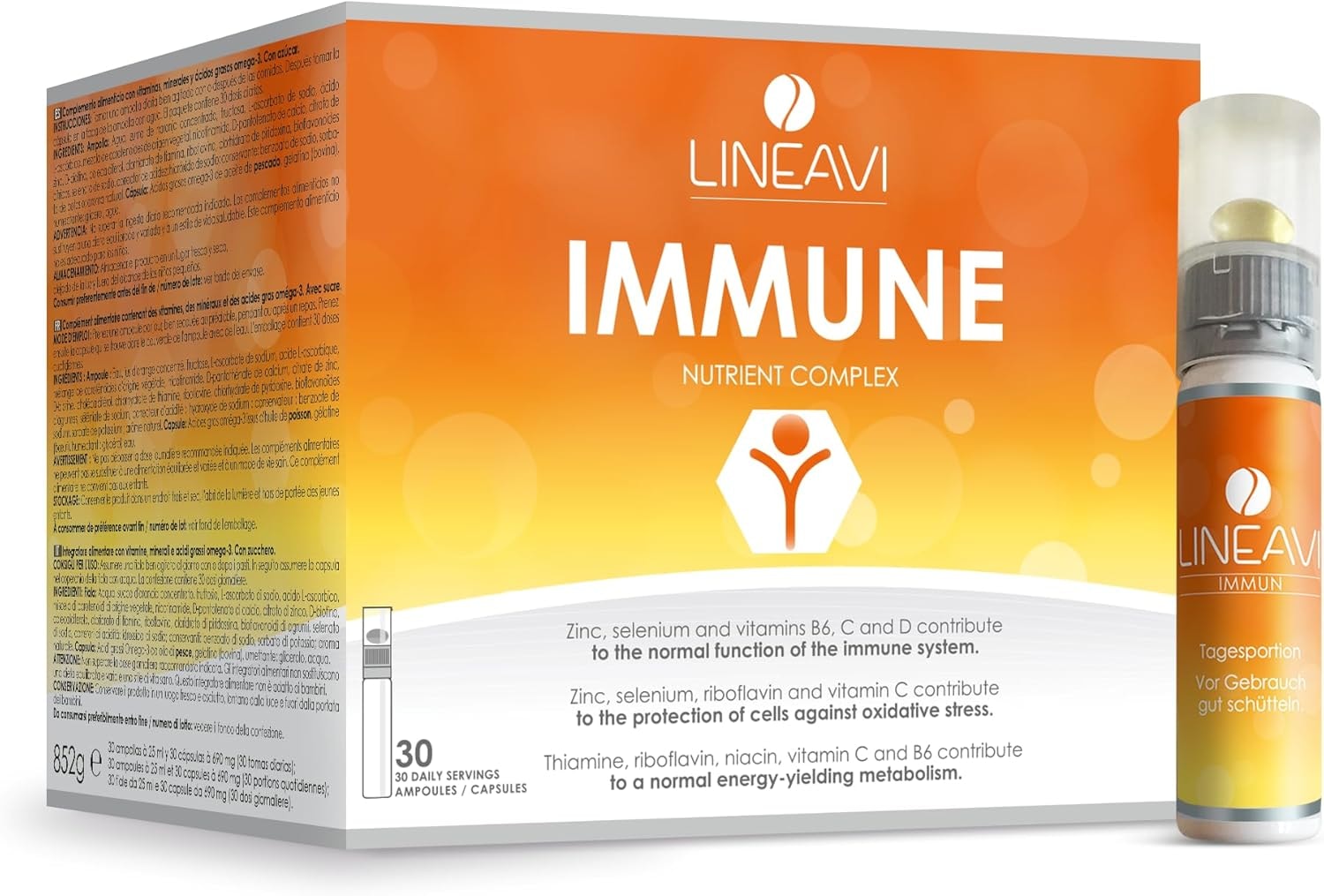 Produktbild von Bewertung LINEAVI Immun mit Vitaminen Mineralstoffen und Omega-3-Fettsäuren unterstützt das Immunsystem und den Energiestoffwechsel, in Deutschland hergestellt, freiverkäuflich, 30 Trinkflaschen/Kapseln