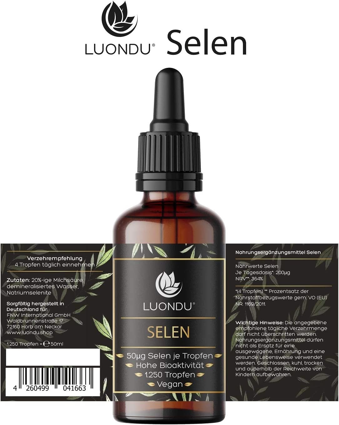 Produktbild von Luondu Selen Tropfen 200µg hochdosiert 50ml vegan & flüssig - 100 µg Selenium pro 2 Tropfen I Natriumselenit mit höchster Bioaktivität