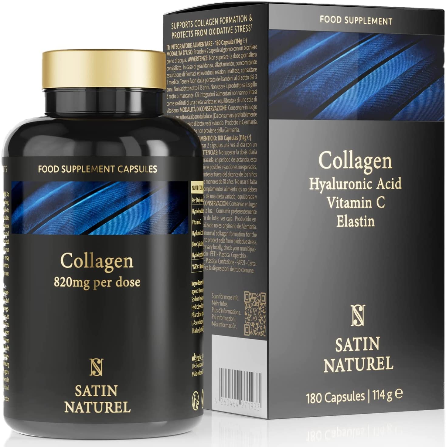 Produktbild von ‎SatinNaturel Hyaluronsäure Kollagen Komplex 180 Kapseln Angereichtert mit Vitamin C, Elastin und Spirulina - Ohne Zusatzstoffe - Made in Germany - Nahrungsergänzungsmittel - Satin Naturel