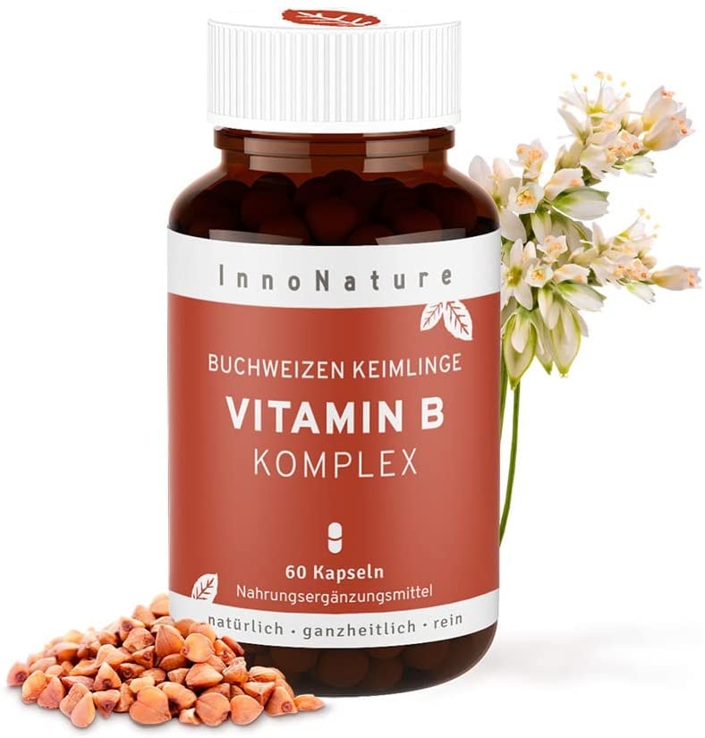 Produktbild von Bewertung InnoNature Vitamin B Komplex aus Buchweizen Keimling. Alle B-Vitamine (B1, B2, B3, B5, B6, B7, B9, B12) zu 120% NRV, 60 Kapseln je 600mg, vegan, hergestellt in DE