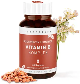 Produktbild von Bewertung InnoNature Vitamin B Komplex aus Buchweizen Keimling. Alle B-Vitamine (B1, B2, B3, B5, B6, B7, B9, B12) zu 120% NRV, 60 Kapseln je 600mg, vegan, hergestellt in DE