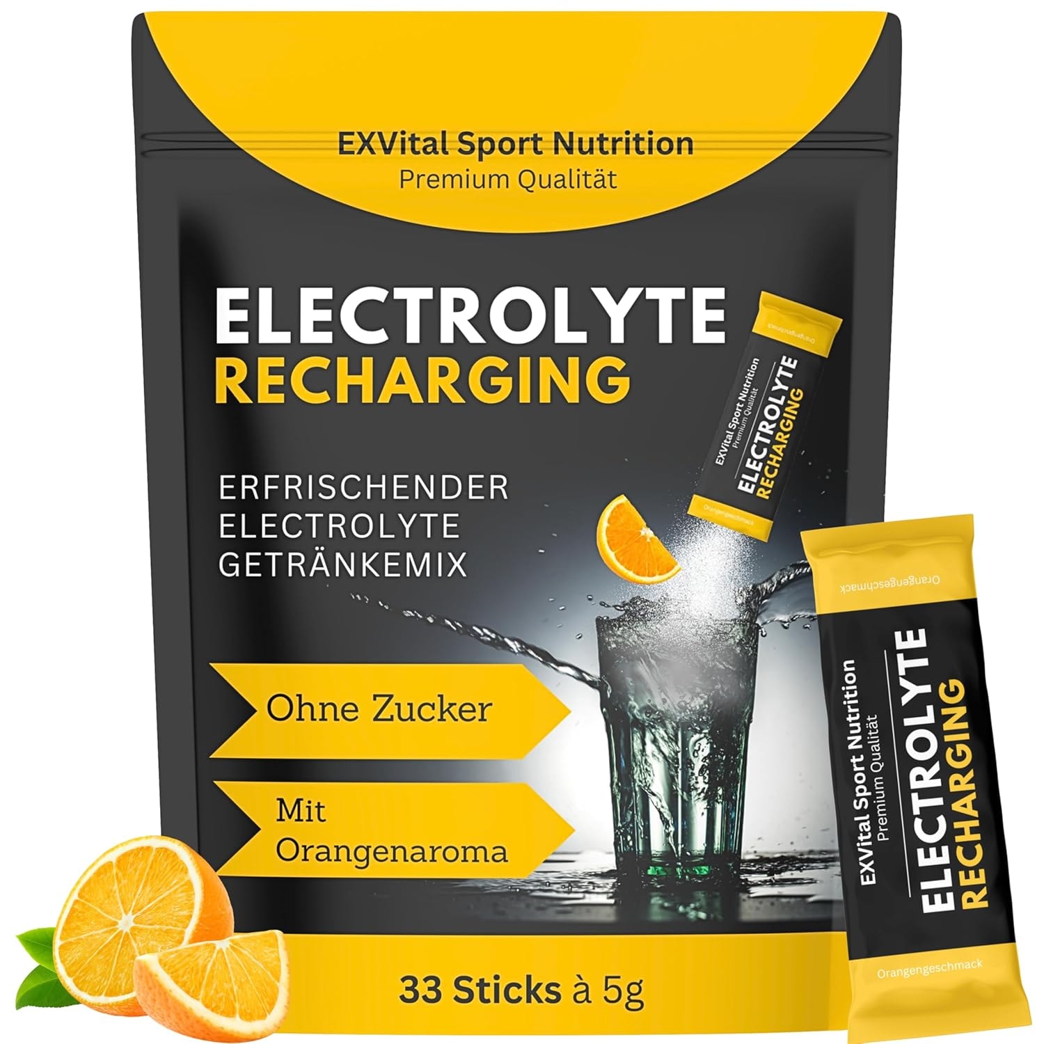 Produktbild von Bewertung EXVital Sport Nutrition Elektrolyte 1x33 Pulversticks 1531mg Elektrolyte pro Stick Elektrolyt Pulver KALORIENARM & ZUCKERFREI isotonischer Getränkemix mit Orangengeschmack