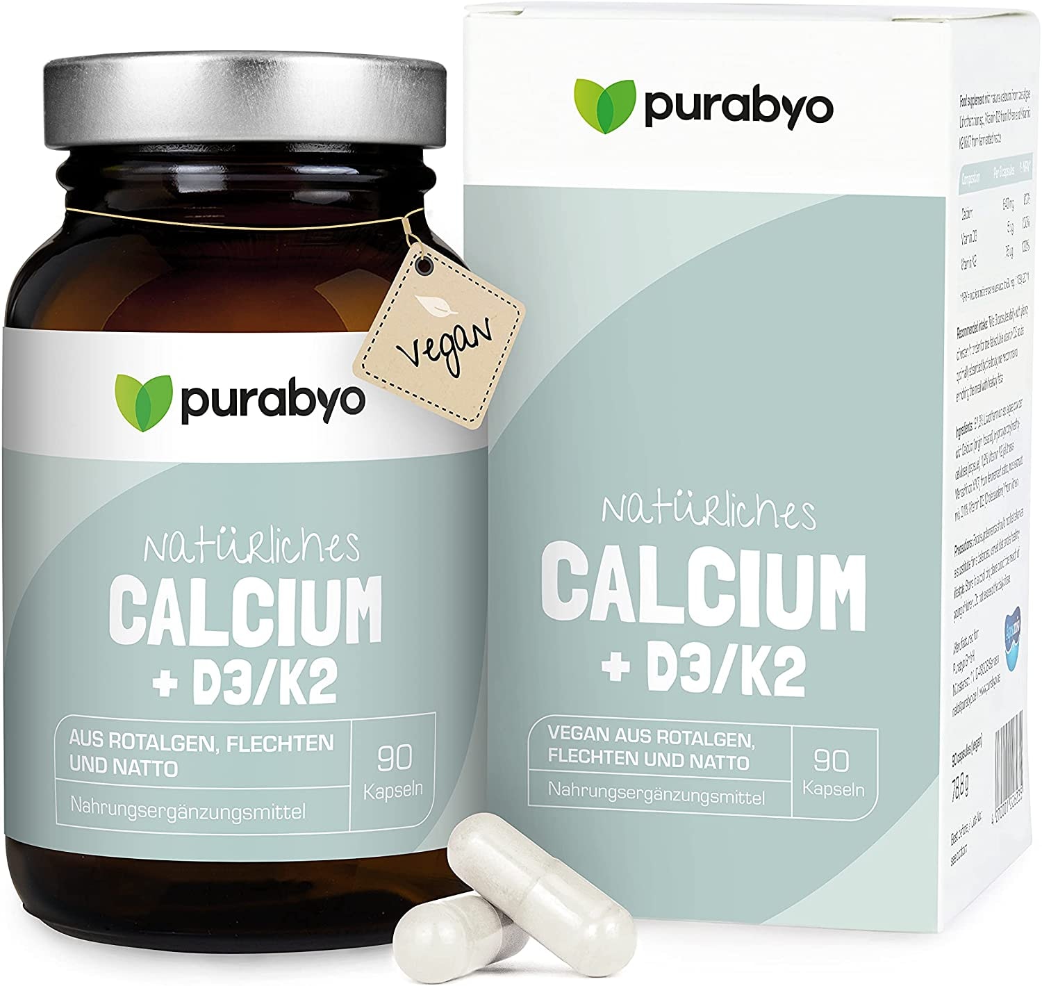 Produktbild von Purabyo - Calcium mit Vitamin D3 und Vitamin K2 | im Glas | Hochdosiert 640 mg | Aquamin natural Calcium aus Rotalgen | natürliches Kalzium | Calcium hochdosiert