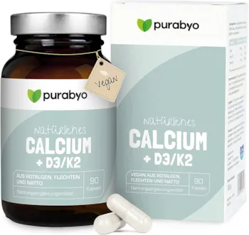 Produktbild von Purabyo - Calcium mit Vitamin D3 und Vitamin K2 | im Glas | Hochdosiert 640 mg | Aquamin natural Calcium aus Rotalgen | natürliches Kalzium | Calcium hochdosiert