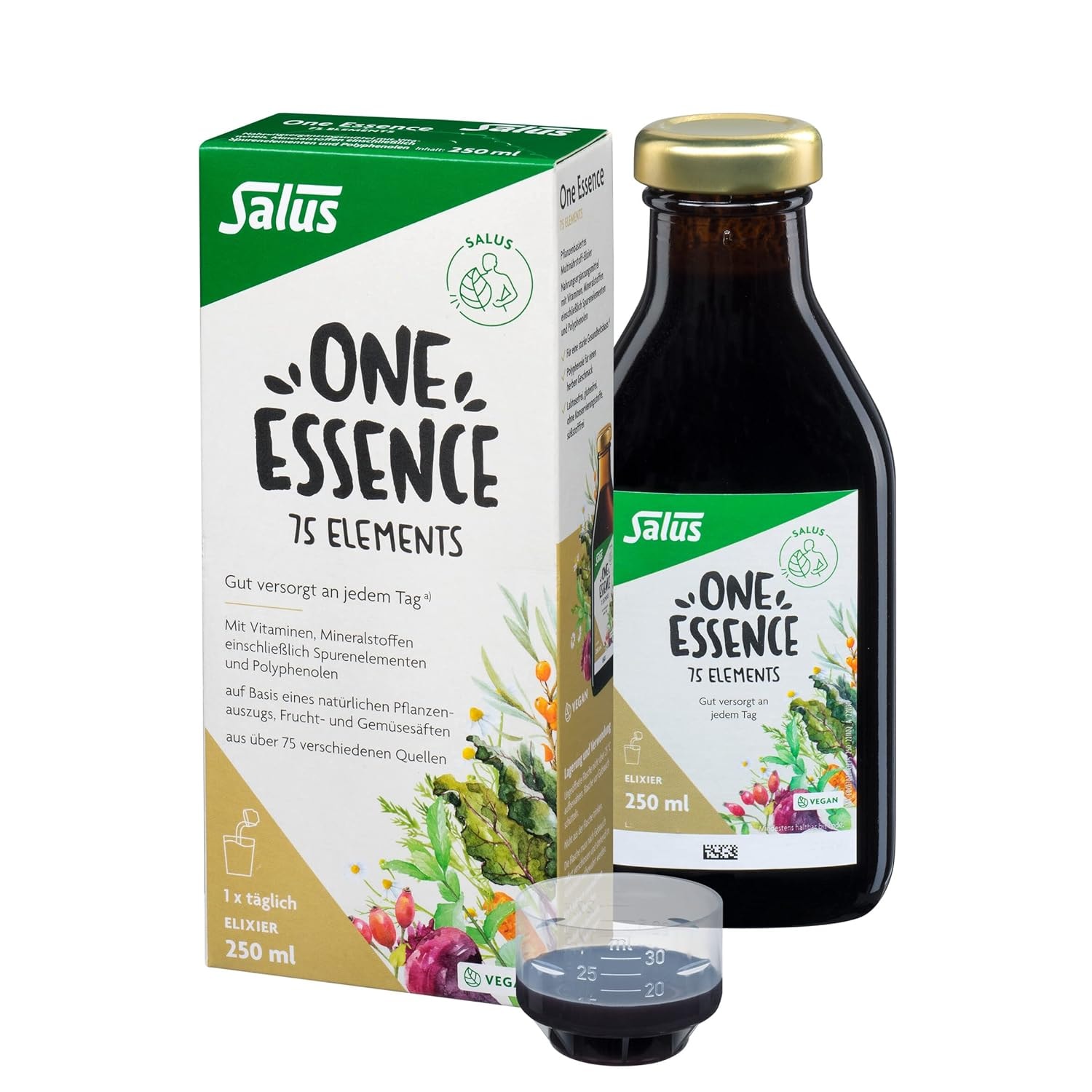 Produktbild von Bewertung Salus One Essence 75 Elements Elixier 14 kg Obst und Gemüse in einer Flasche rundum versorgt an jedem Tag mit Vitaminen Mineralstoffen Polyphenolen Ballaststoffen vegan 250 ml