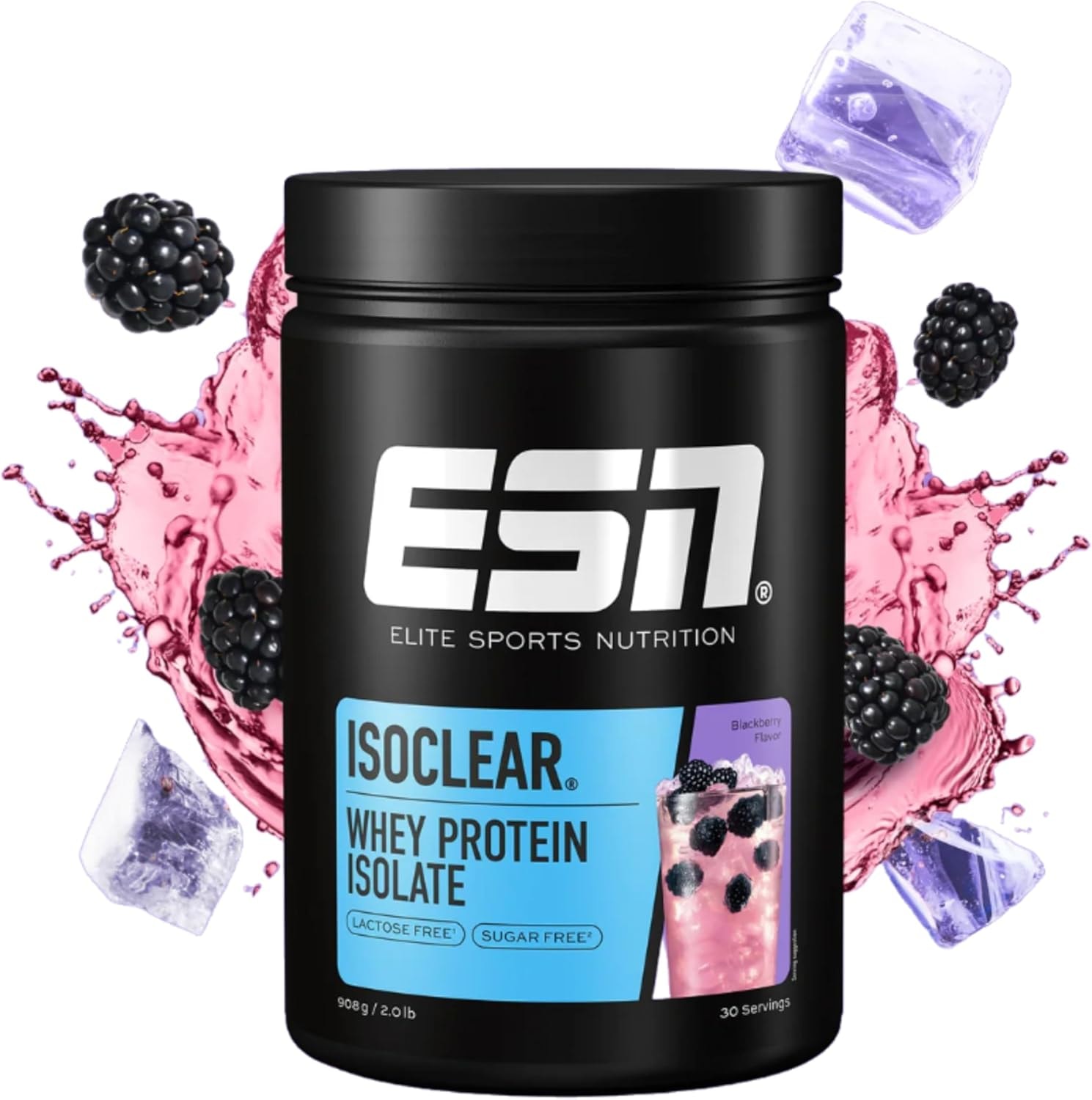Produktbild von Bewertung ESN ISOCLEAR Whey Isolate Protein Pulver made in Germany Blackberry 908g Proteinlimo mit fruchtig leckerem Geschmack geprüfte Qualität