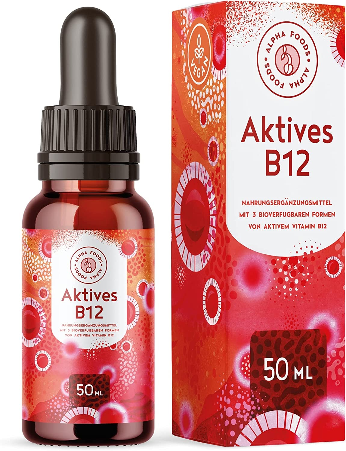 Produktbild von Bewertung Alpha Foods Bioaktive Vitamin B12 Tropfen Hochdosiert 500 mcg B12 in drei veganen Aktivformen Methyl-, 5’-Desoxyadenosyl- und Hydroxocobalamin Laborgeprüfte Stabilität und Bioverfügbarkeit flüssig 50ml