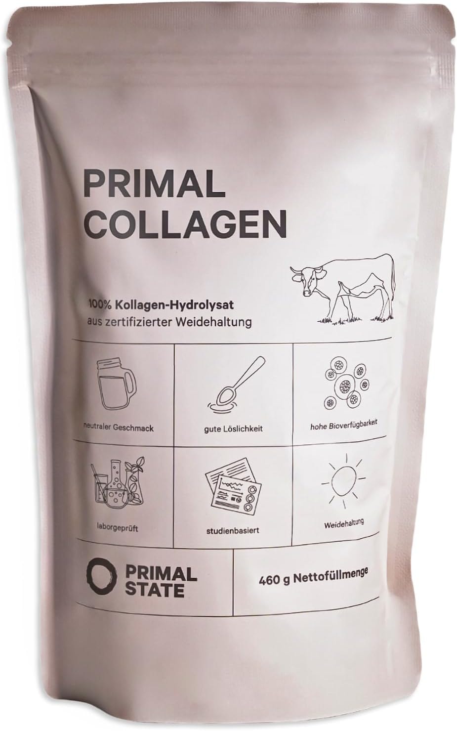 Produktbild von Bewertung Primal State primalife Kollagen Protein Pulver aus Weidehaltung (ehemals primalife) 100% Kollagen mit Peptide Typ 1 und 3 Primal State Collagen Pulver 460g aktuell in Alternativ-Verpackung Bioaktives Collagen Hydrolysat Peptide Typ 1 und 3 Geschmacksneutral Perfekte Löslichkeit