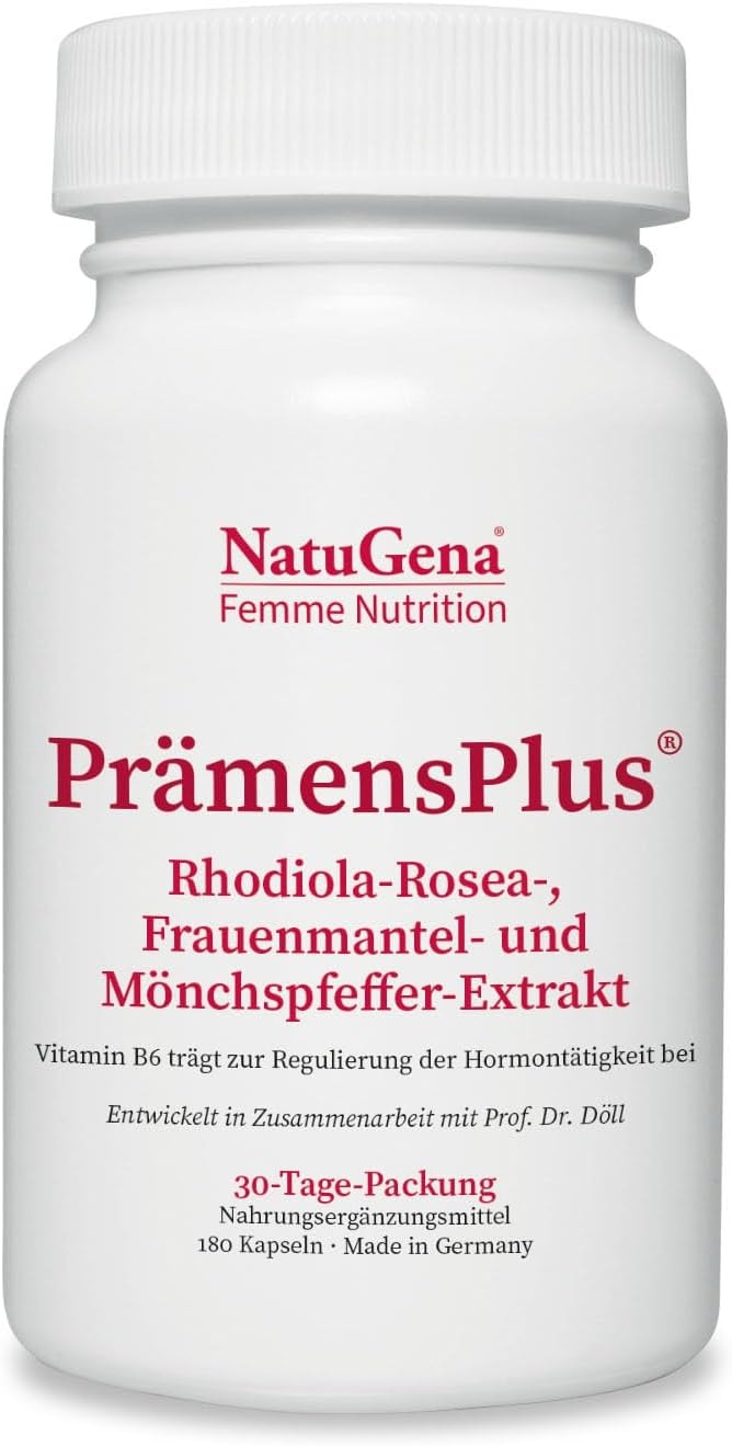 Produktbild von Bewertung NatuGena PrämensPlus gegen PMS Syndrom Menstruationsbeschwerden weiblicher Hormonhaushalt Rosenwurz Frauenmantel Mönchspfeffer für Frauen 180 Kapseln