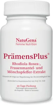 Produktbild von Bewertung NatuGena PrämensPlus gegen PMS Syndrom Menstruationsbeschwerden weiblicher Hormonhaushalt Rosenwurz Frauenmantel Mönchspfeffer für Frauen 180 Kapseln