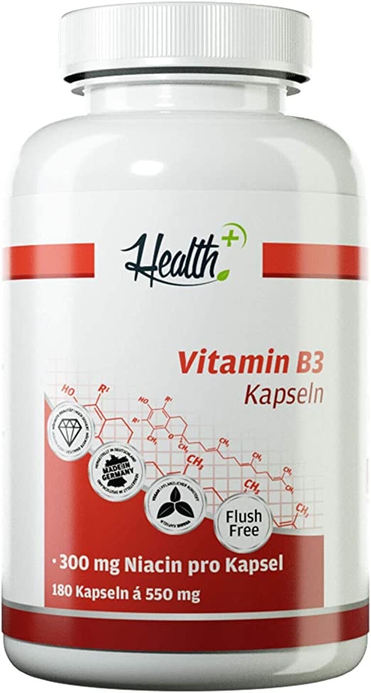 Produktbild von Zec+ Nutrition Health+ Vitamin B3 - 180 Kapseln mit 300 mg Niacin pro Kapsel, hochdosierte B3 Vitamin Kapseln in Flush-Free Form, Made in Germany