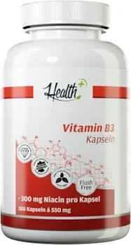 Produktbild von Zec+ Nutrition Health+ Vitamin B3 - 180 Kapseln mit 300 mg Niacin pro Kapsel, hochdosierte B3 Vitamin Kapseln in Flush-Free Form, Made in Germany