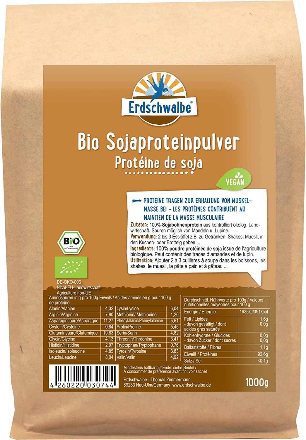 Produktbild von Bewertung Erdschwalbe Bio Sojaprotein GMO-freies Protein Veganes Eiweißpulver 1 Kg