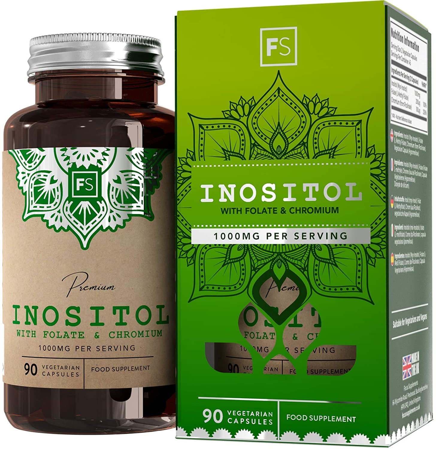 Produktbild von Focus FS Myo Inositol 1000mg mit Folsäure 200mg & Chrom Picolinat 100mg | Hochdosiert Kapseln | Energieverstärker und Verbessert den Schlaf | 90 Vegane Kapseln | Ohne GVO | Milch, Gluten & Allergen Frei