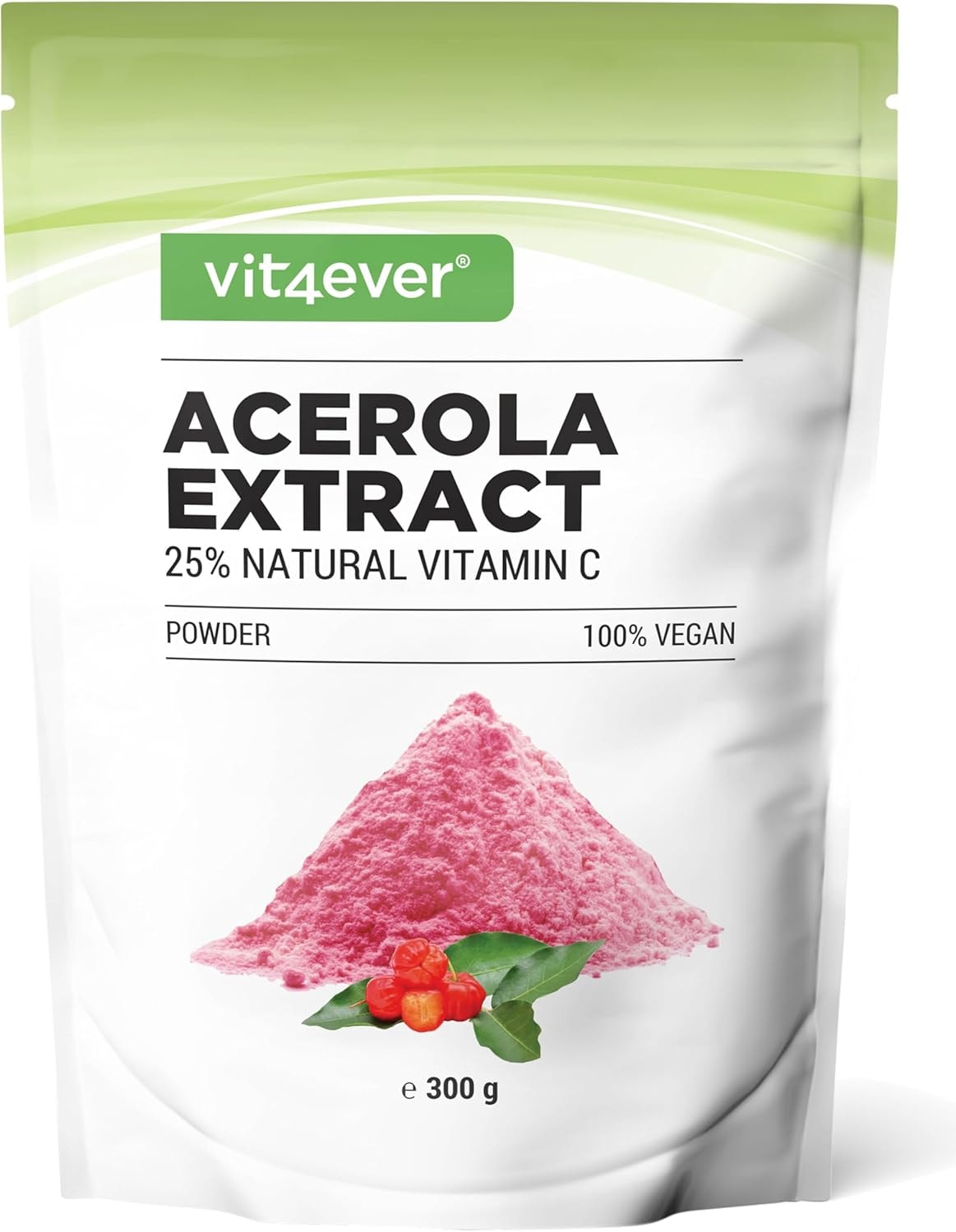 Produktbild von Vit4ever Acerola Pulver 300 g Natürliches Vitamin C - 200 Tagesportionen mit 1500 mg reinem Extrakt aus der Acerolakirsche - Laborgeprüft - Vegan