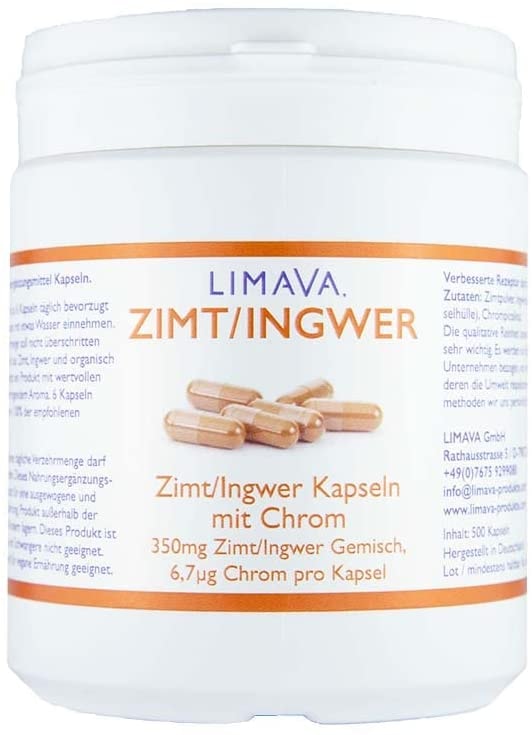 LIMAVA Zimt-Ingwer Kapseln mit Chrom (500 Stück) | hochdosiert | vegan | 100% natürlich | ohne Zusätze | Made in Deutschland
